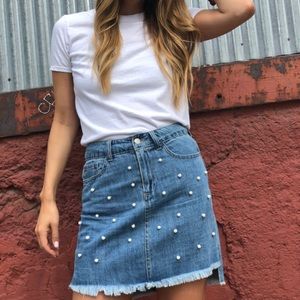 Pearl Embellished Denim Skirt